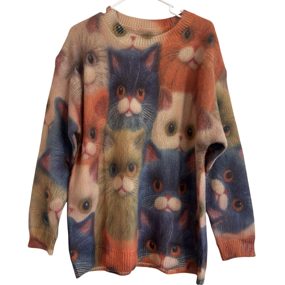 Cat Lover Fuzzy Sweater Womens Sz M Soft Cozy Colorful Funky Artsy Oversized - Picture 2 of 10